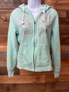 Aeropostale Mint Green Full Zip Hoodie Women's Medium Y2K Casual Logo Sweatshirt